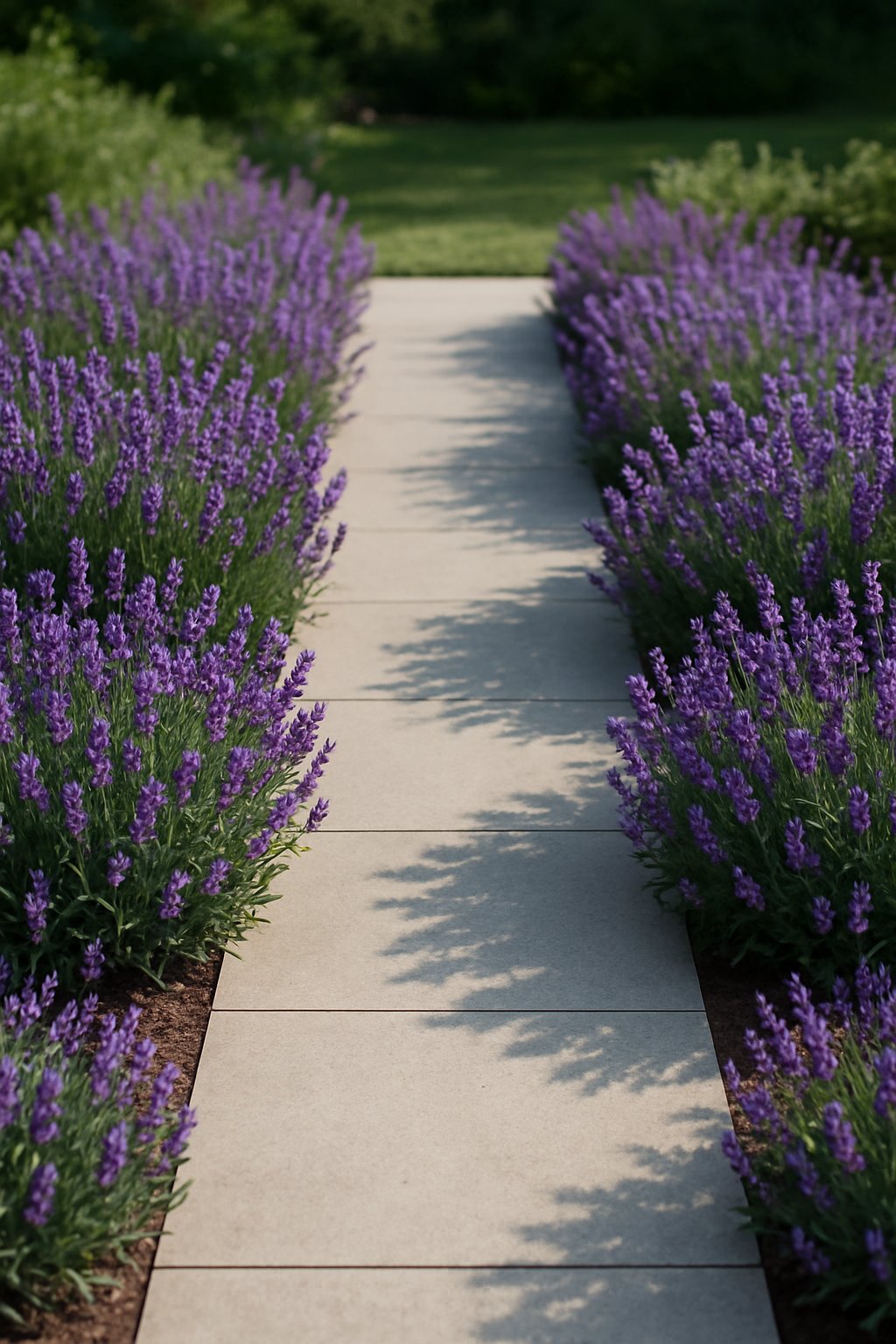 A front walkway bordered by low-growing lavender plants with purple flowers on both sides.