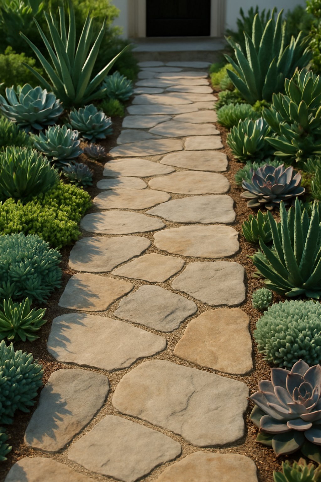 A front walkway with a flagstone path bordered by various heights of succulents in a landscaped garden.