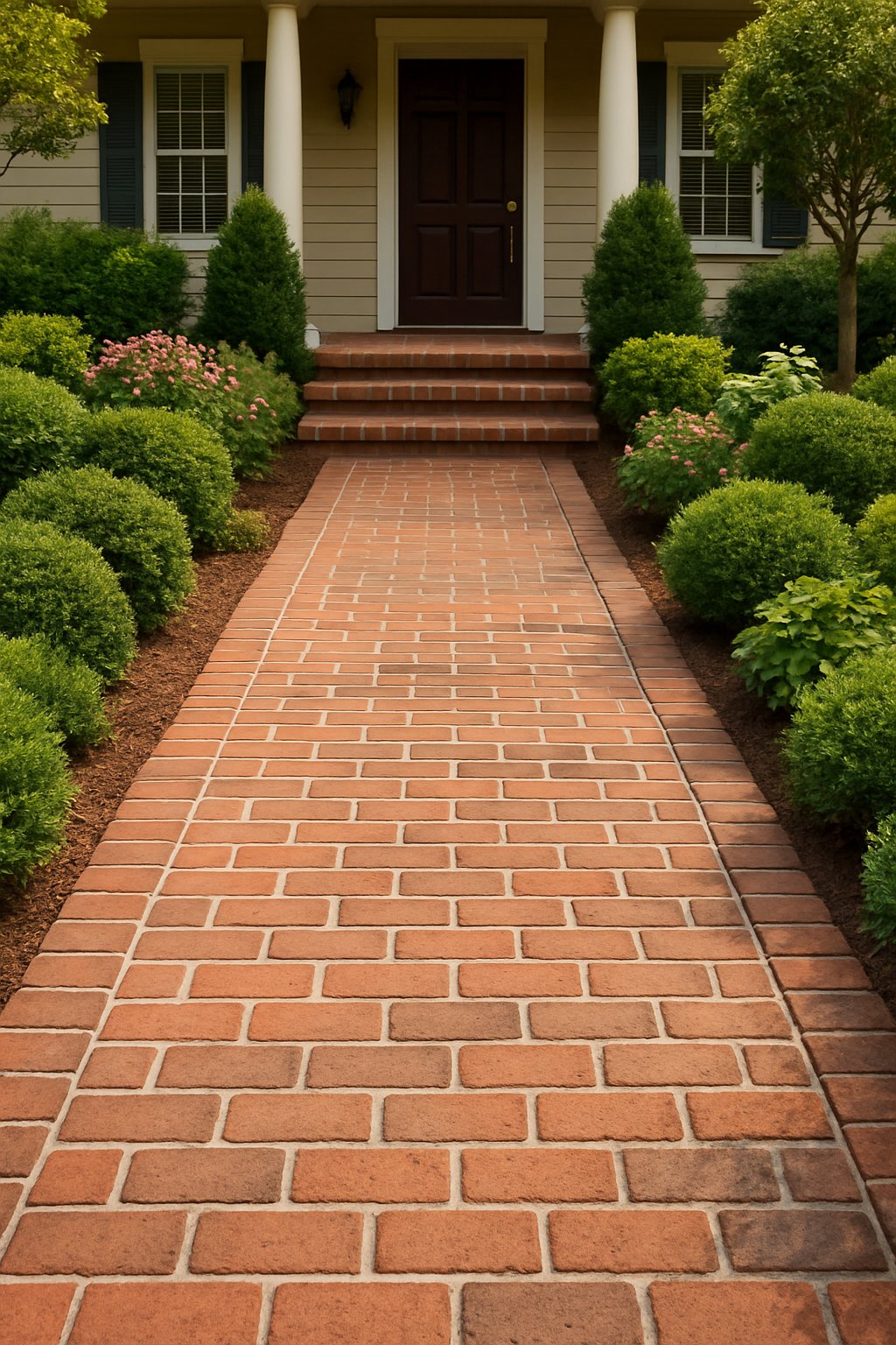 A classic brick pathway bordered by green shrubs and flowering plants leads to front porch steps of a house.