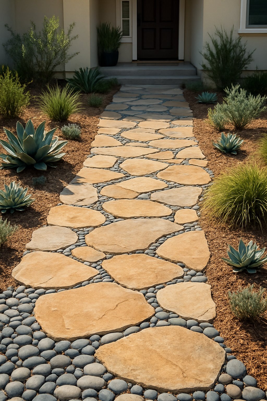 Front walkway featuring a mix of pebbles and flagstones surrounded by drought-tolerant plants like succulents and grasses.