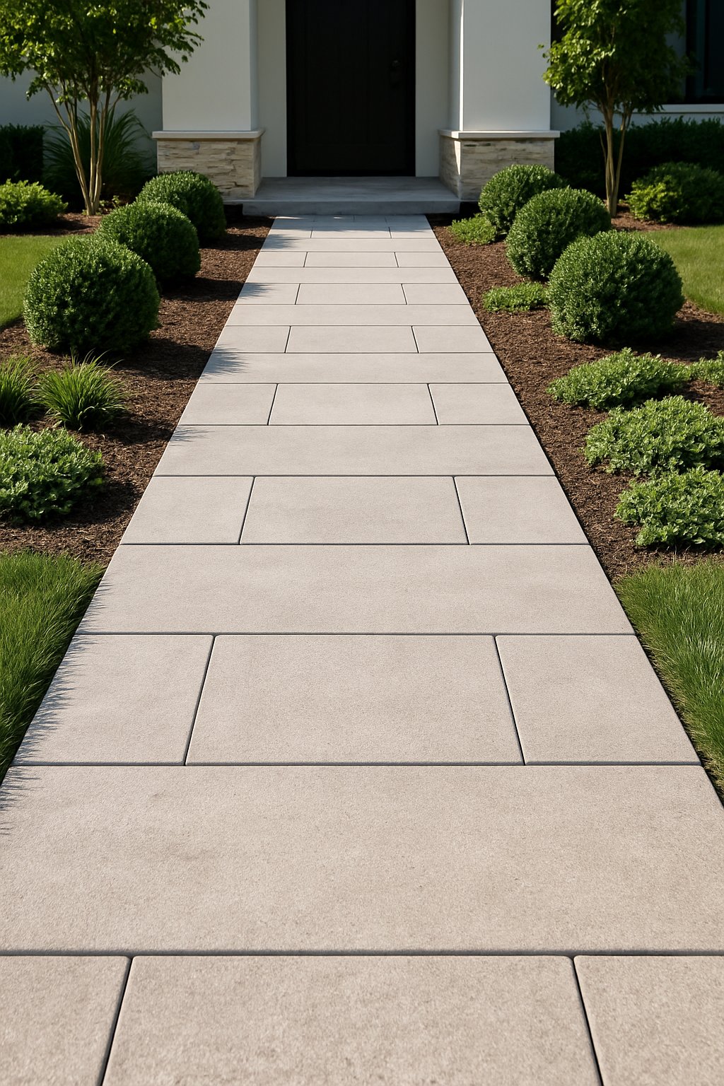 A modern front walkway with large rectangular stone pavers bordered by green grass and small shrubs.