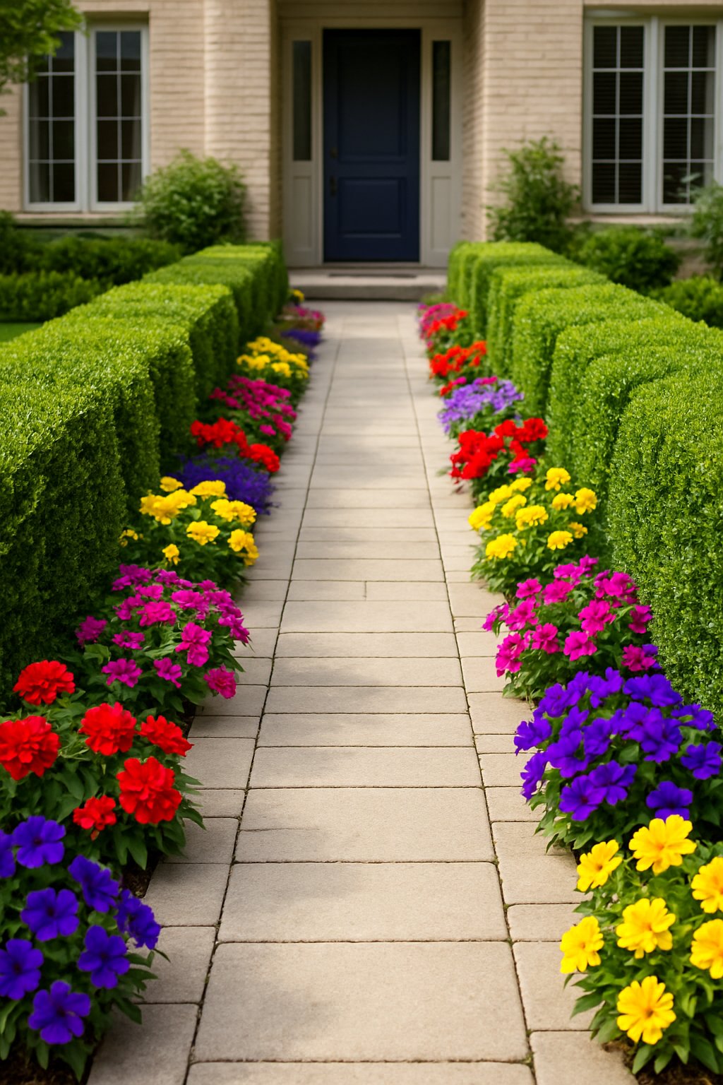 A front walkway bordered by trimmed boxwood hedges and colorful blooming annual flowers.