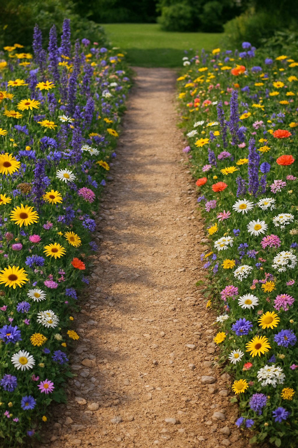 A rustic gravel path bordered by colorful wildflowers on both sides, leading through a landscaped front yard.