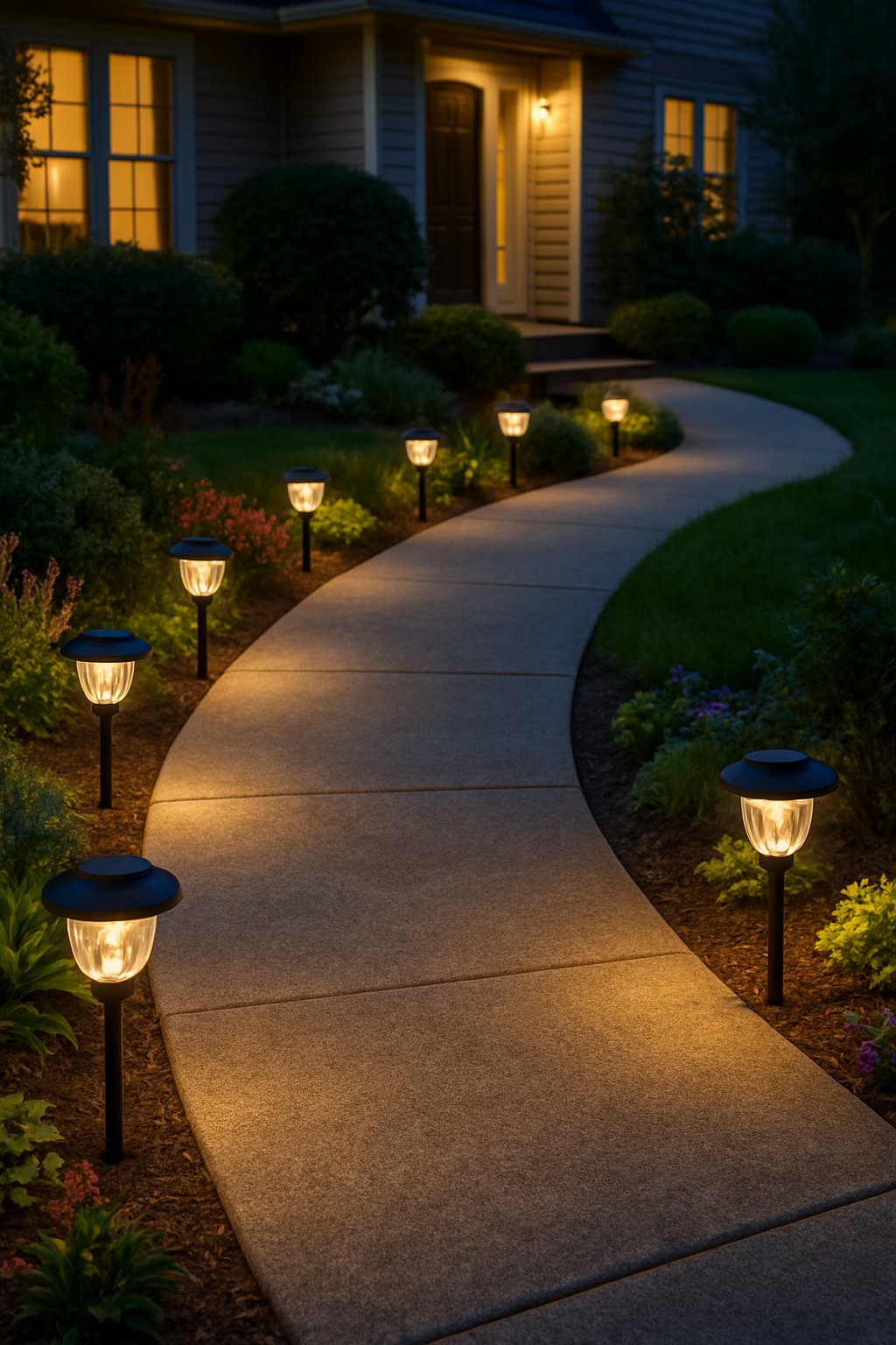 Curved front walkway lit by solar garden stakes surrounded by green plants and flowers in a garden setting.