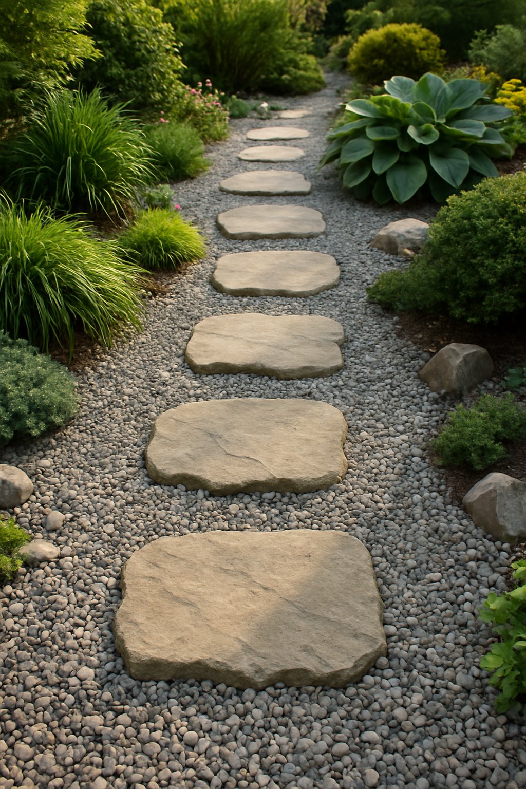 A garden path made of gravel with evenly spaced stepping stones surrounded by green plants and flowers.