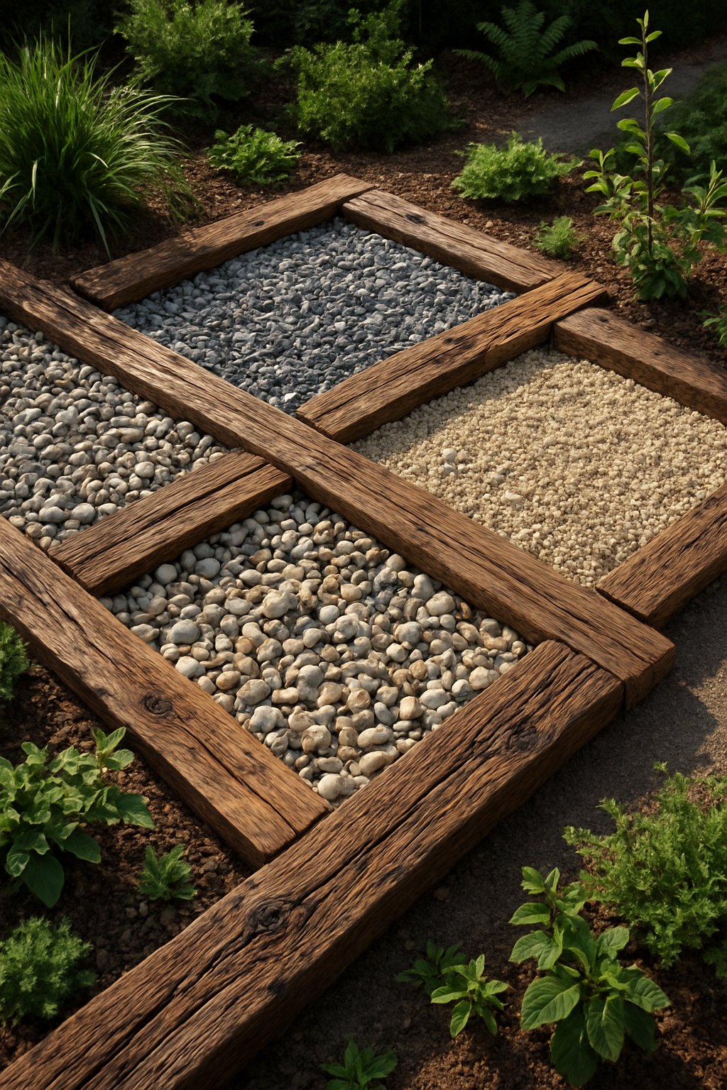 Outdoor gravel landscaping with multiple sections bordered by reclaimed wood, surrounded by plants and greenery.