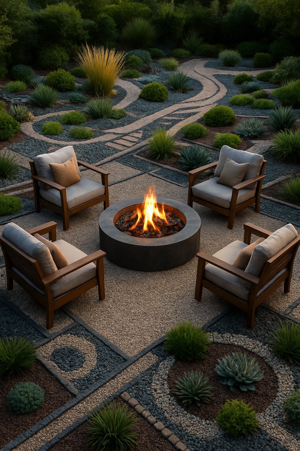 An outdoor lounge area with a circular fire pit surrounded by seating, set on various types of gravel landscaping including pathways, garden beds, and decorative borders with plants and greenery.