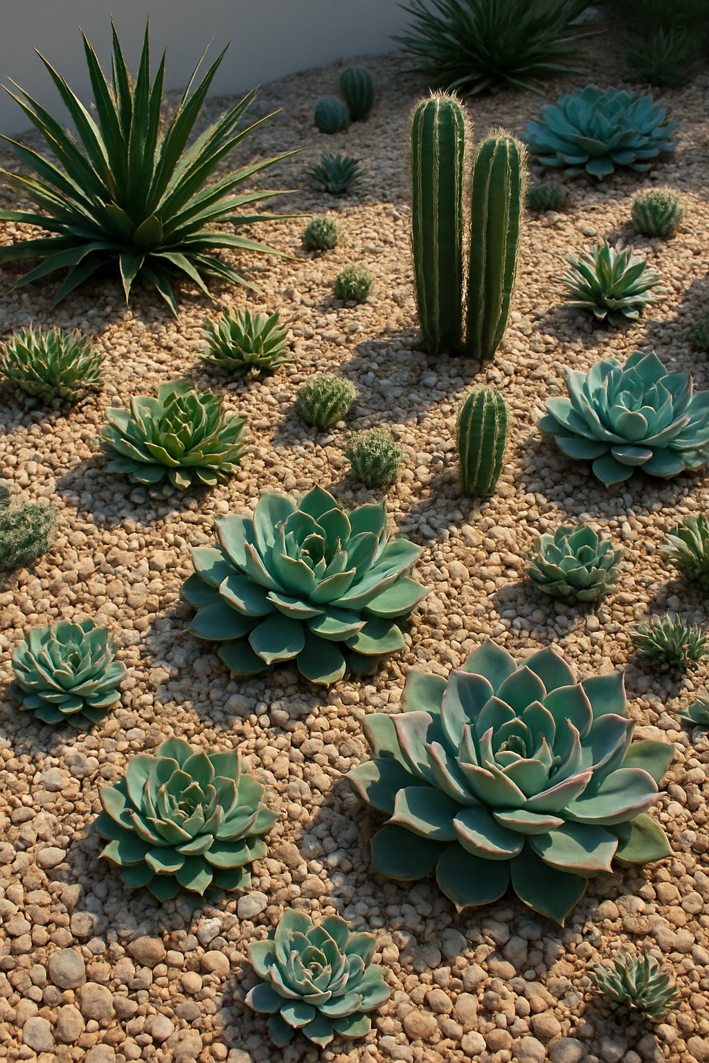 An outdoor garden area with gravel ground and a variety of succulents and cacti arranged throughout.
