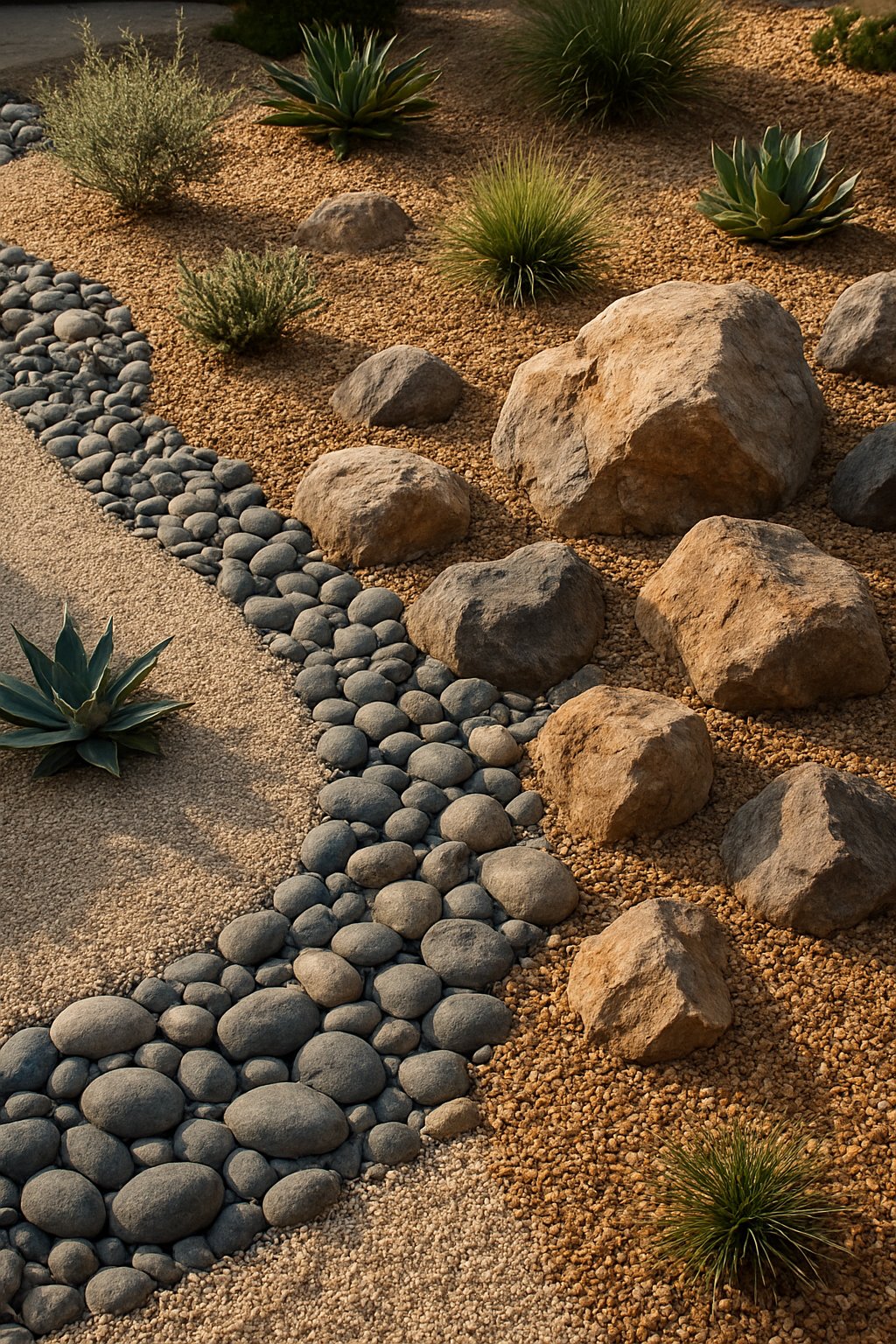 A dry garden with gravel, rocks, and drought-tolerant plants arranged in a natural, peaceful outdoor setting.