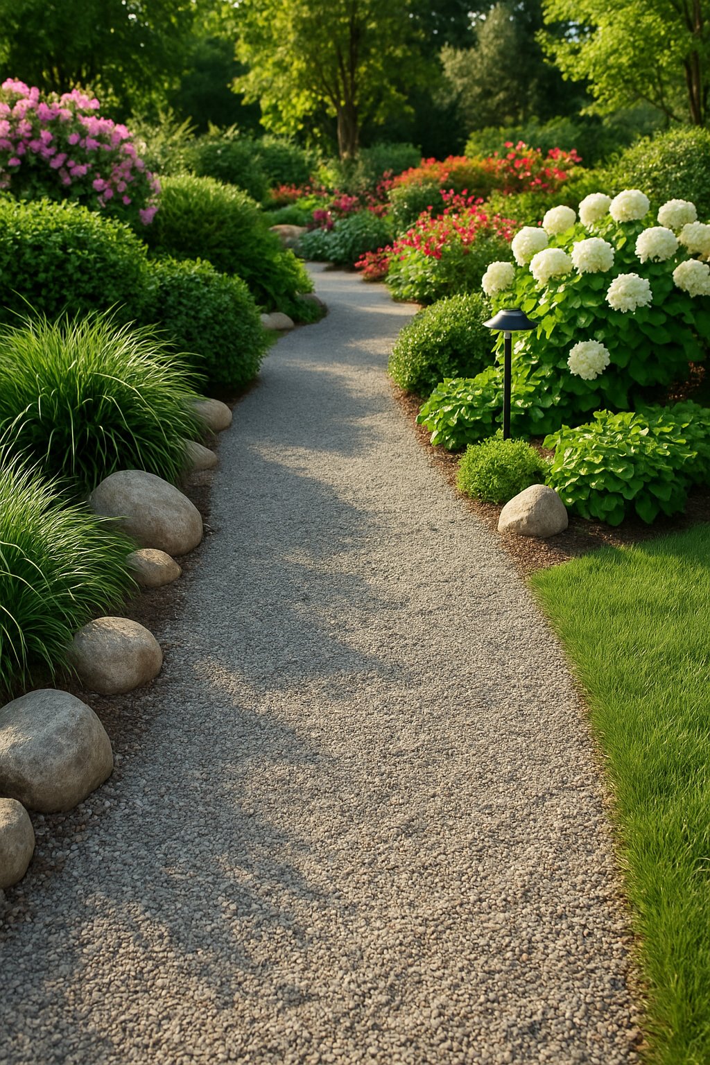 A garden walkway made of crushed granite gravel surrounded by green plants, shrubs, and decorative rocks.