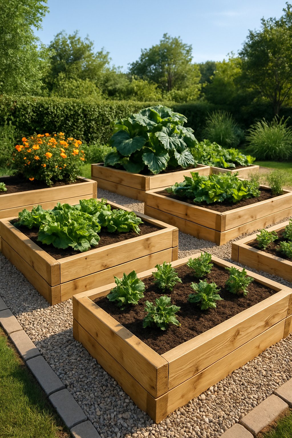 A backyard garden with wooden raised beds filled with plants, surrounded by neatly arranged light-colored gravel pathways and borders.