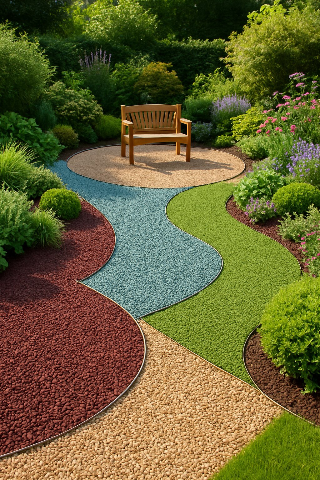 A garden divided into distinct zones using different colors of gravel, surrounded by plants and greenery.