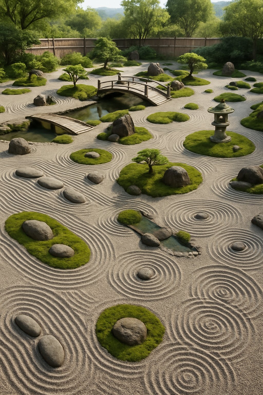 A Japanese Zen gravel garden with various gravel patterns, stones, bonsai trees, wooden bridges, stone lanterns, and water features arranged peacefully.