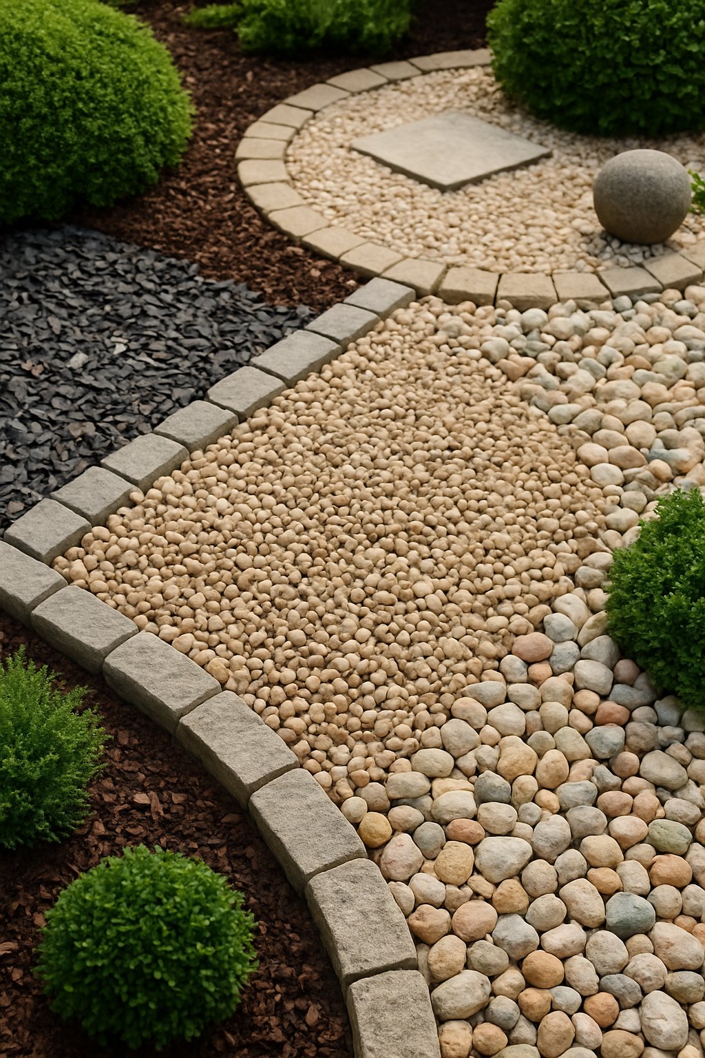 A landscaped garden area featuring different types of gravel and pea-sized pebbles arranged in patterns with green plants and stone borders.
