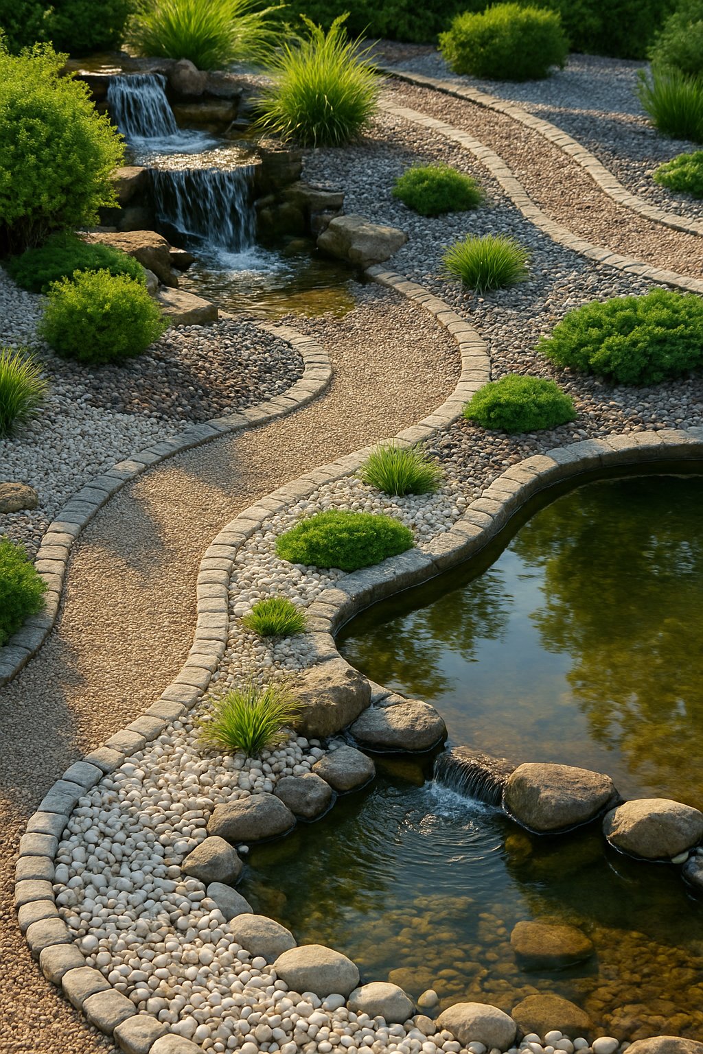 An outdoor garden scene featuring gravel pathways and beds surrounding a small pond with a waterfall, lush greenery, and natural rocks.