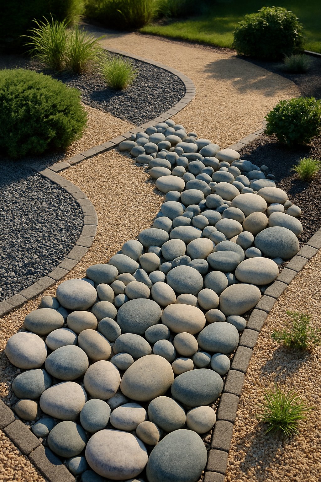 A landscaped garden area with smooth river stones arranged alongside different types of gravel and small plants.