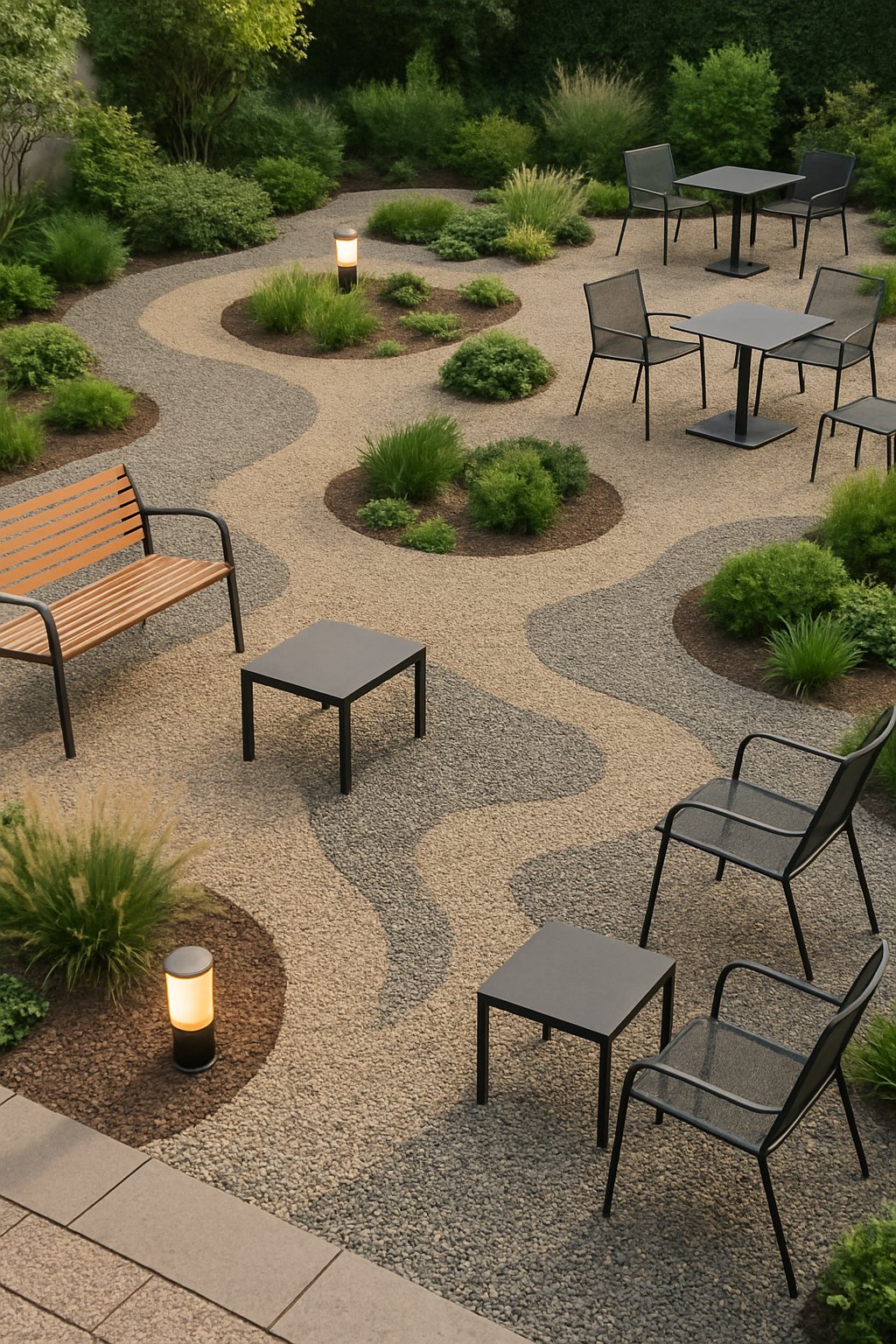 A spacious outdoor gravel courtyard with seating areas, plants, and stone pathways under natural daylight.