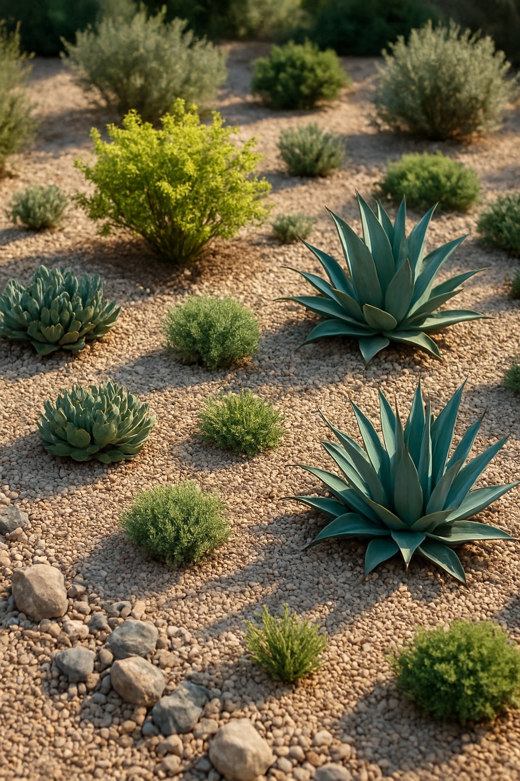 A garden with native drought-tolerant plants surrounded by neatly arranged gravel landscaping.