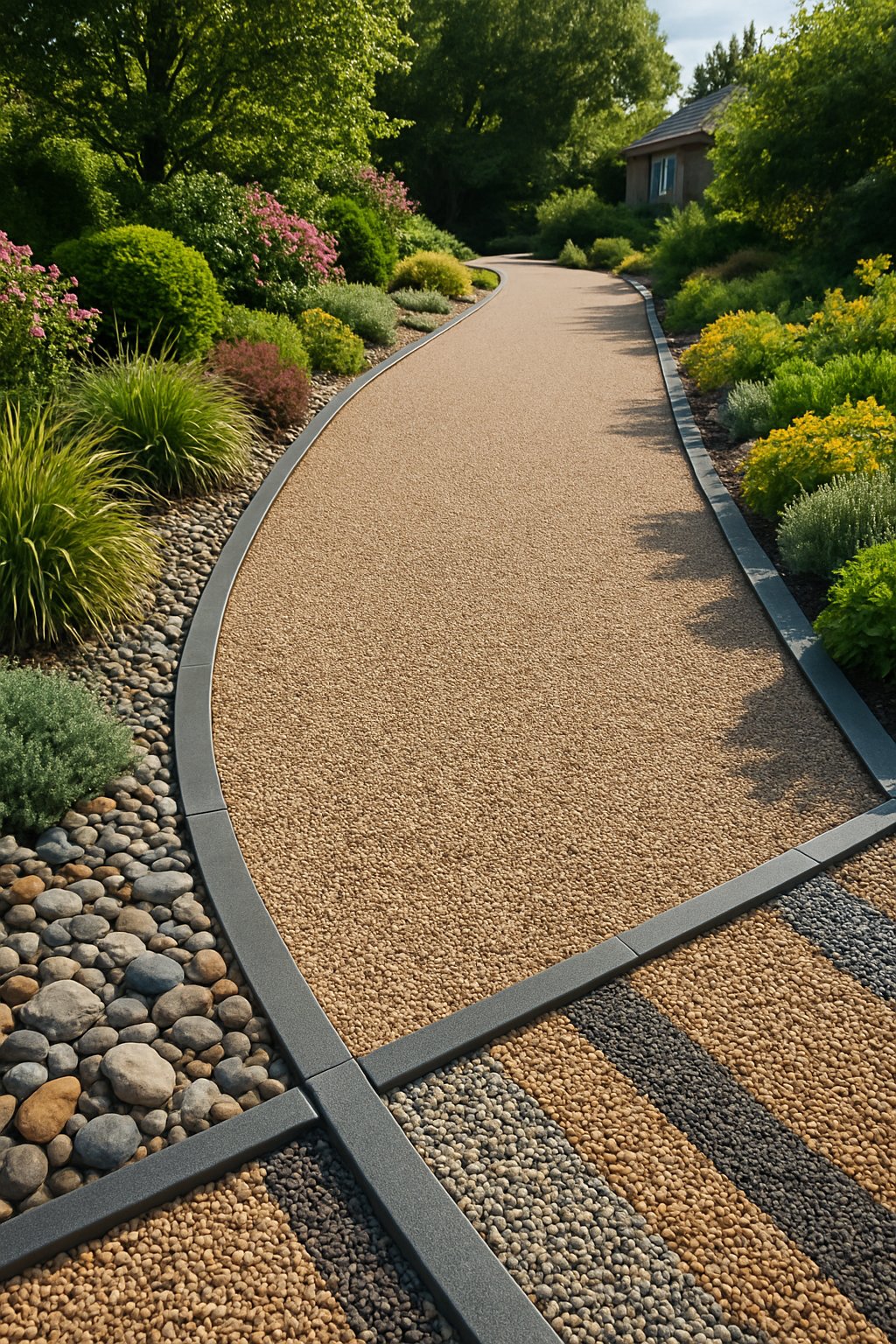 A clean gravel driveway with neat edging surrounded by green plants and flowers under a sunny sky.