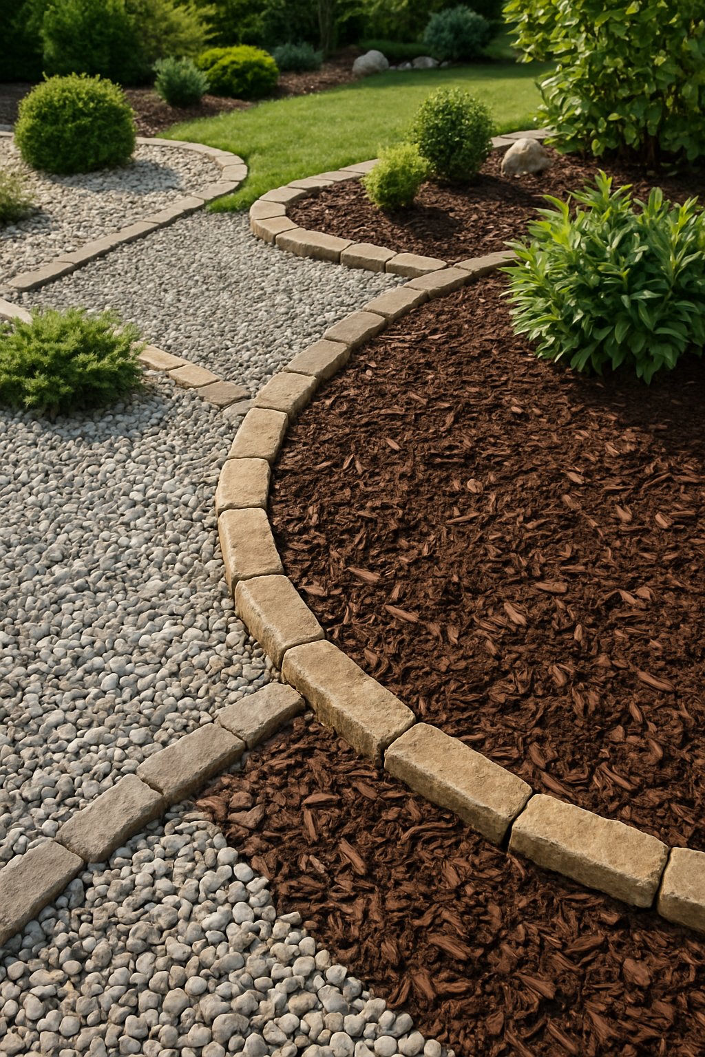 A garden area with neatly layered gravel and mulch for weed control, bordered by stones and surrounded by green plants and shrubs.