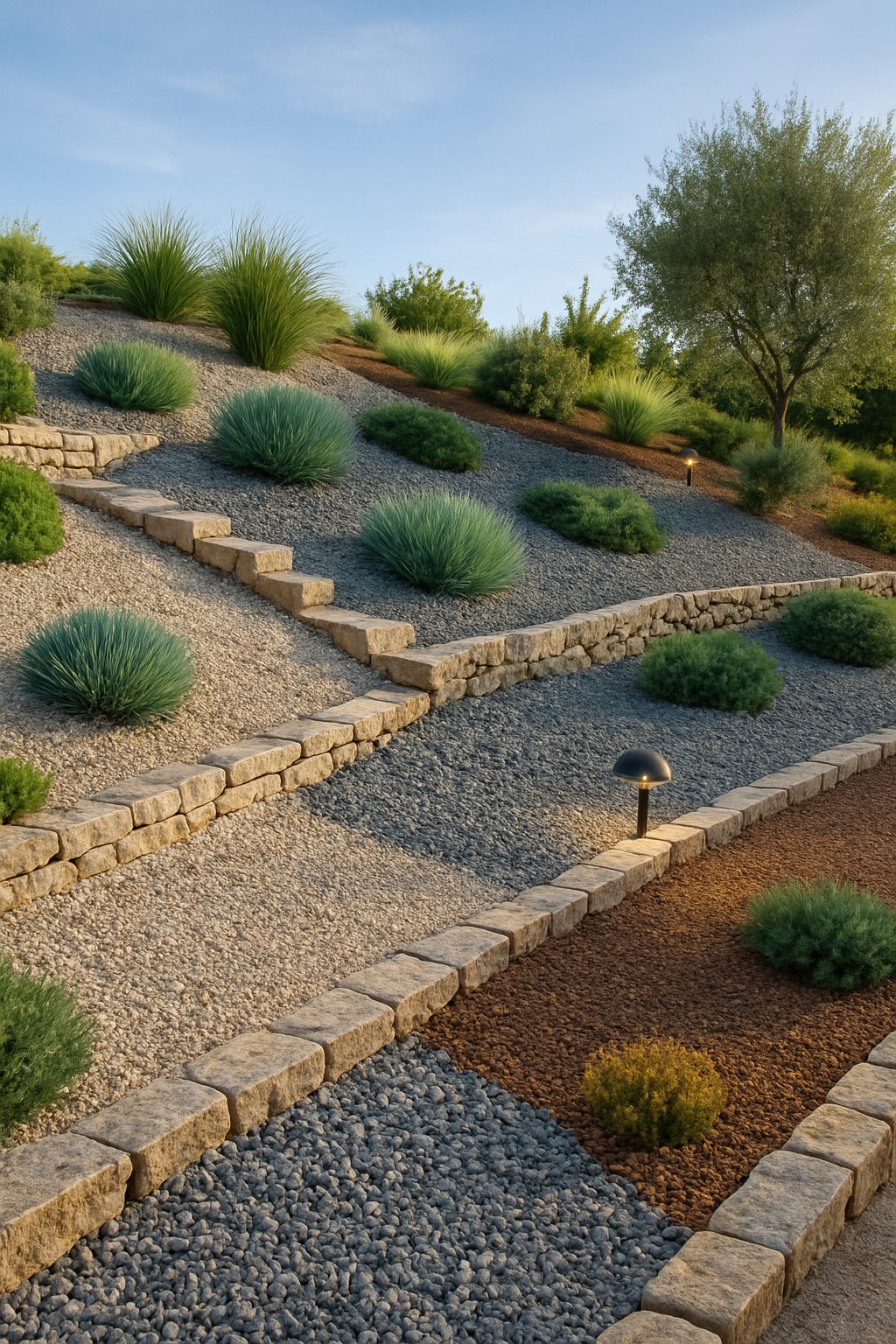 A sloped yard landscaped with different types of gravel, stone borders, and drought-tolerant plants under natural daylight.