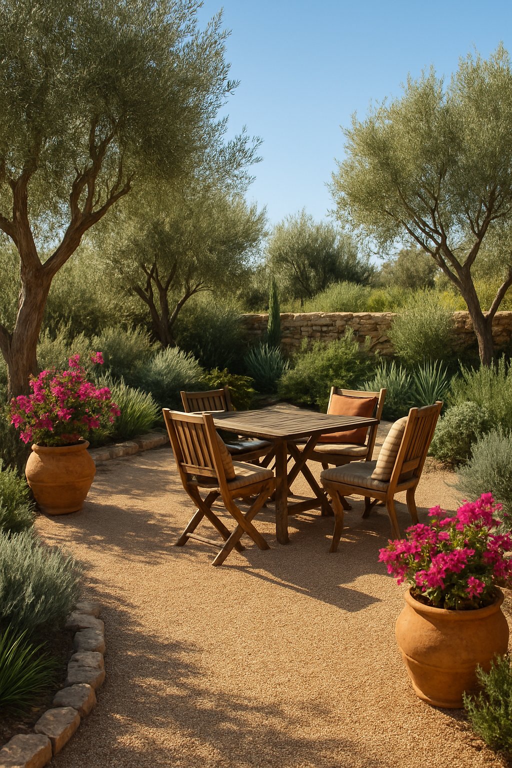A Mediterranean-style outdoor gravel patio surrounded by olive trees, lavender, and terracotta pots with flowering plants, featuring rustic wooden furniture and a stone wall under a clear blue sky.