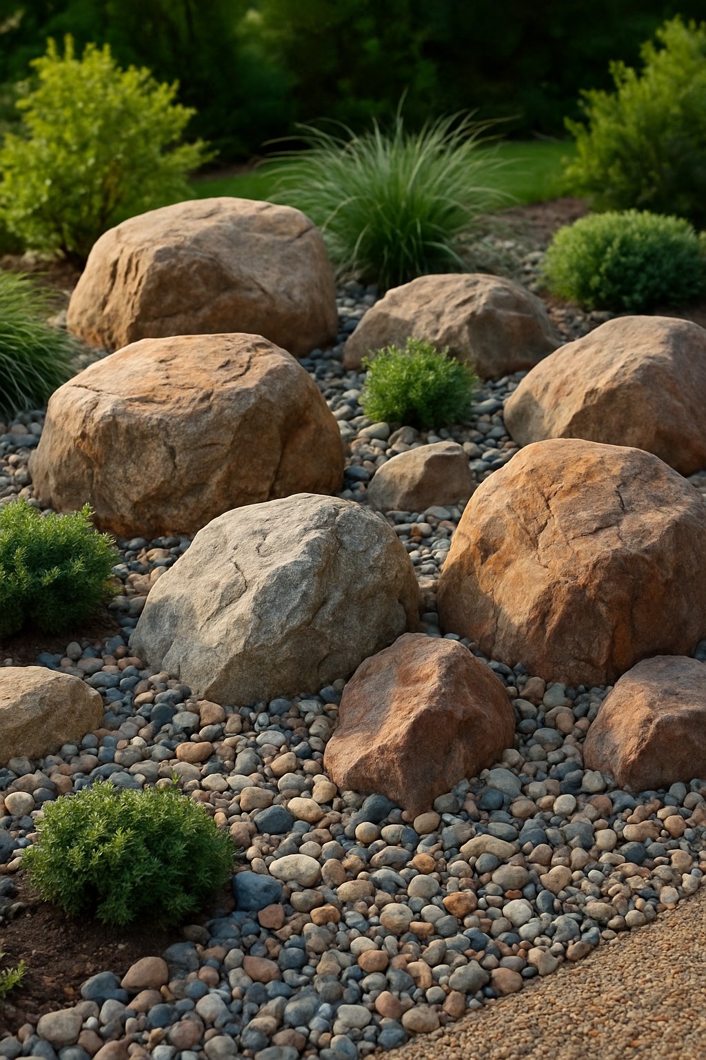 A landscaped garden area with large natural rocks surrounded by neatly spread gravel and small green plants.