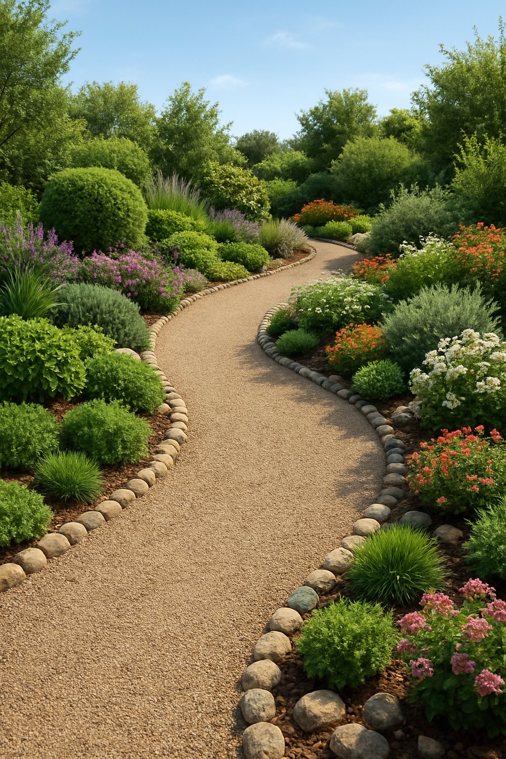 A curved gravel garden path surrounded by green plants and flowering shrubs in a well-maintained outdoor garden.
