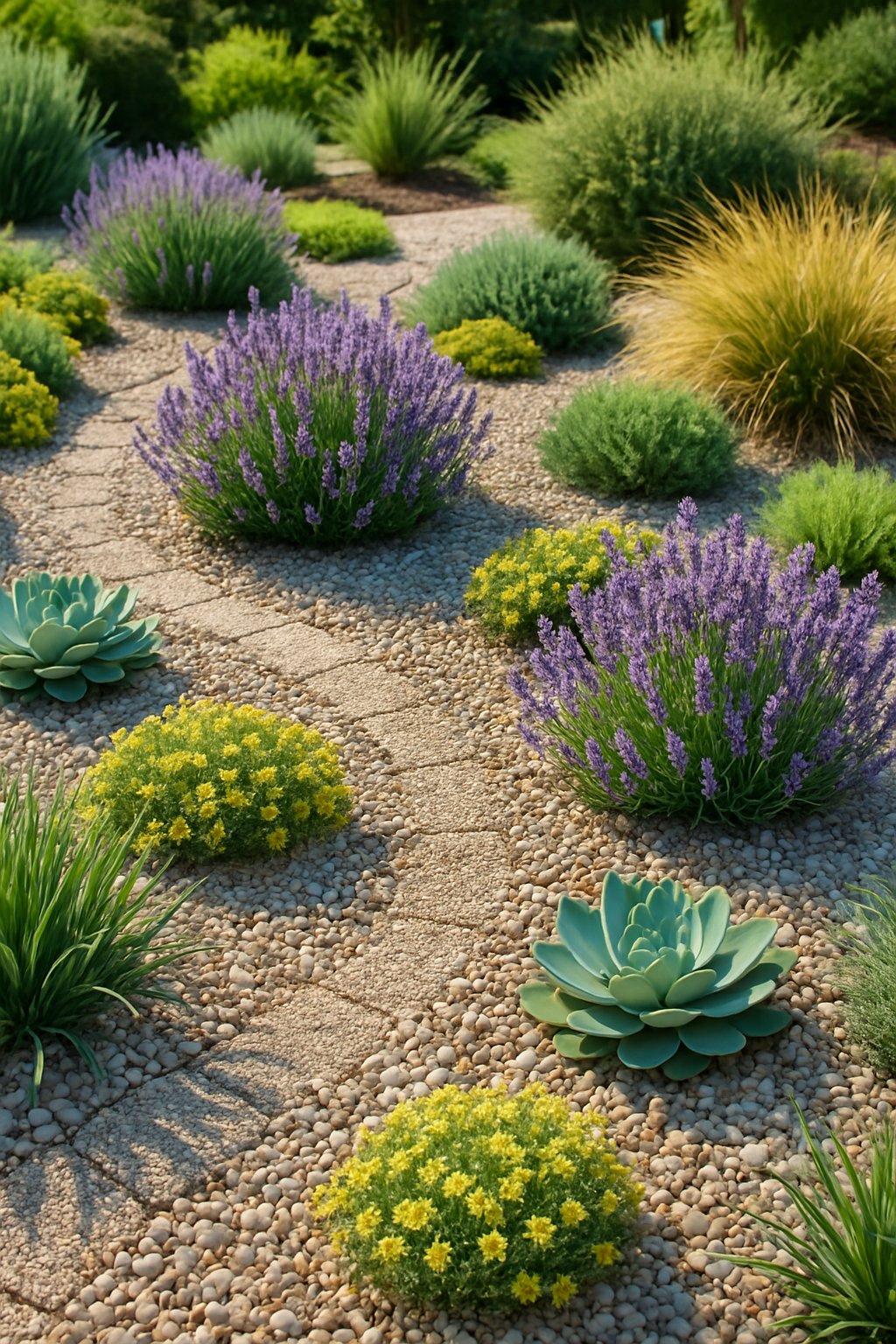 Outdoor garden landscape featuring gravel ground cover mixed with clusters of drought-resistant flowering plants and ornamental grasses.