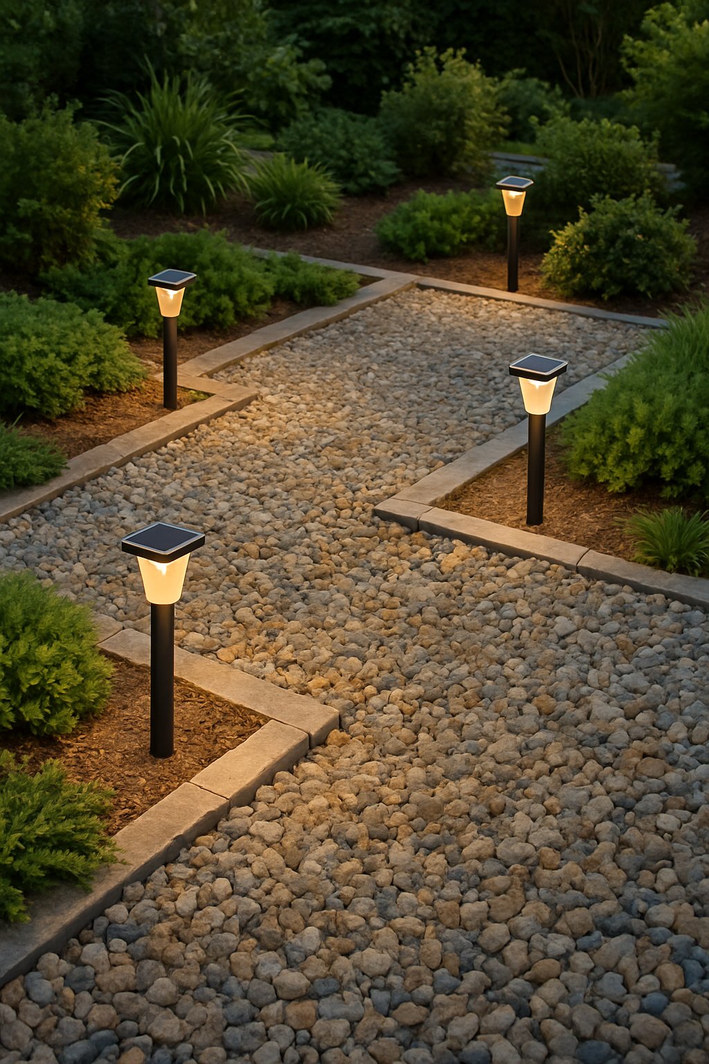 Outdoor garden with gravel pathways lined by solar lights, surrounded by green plants and shrubs.