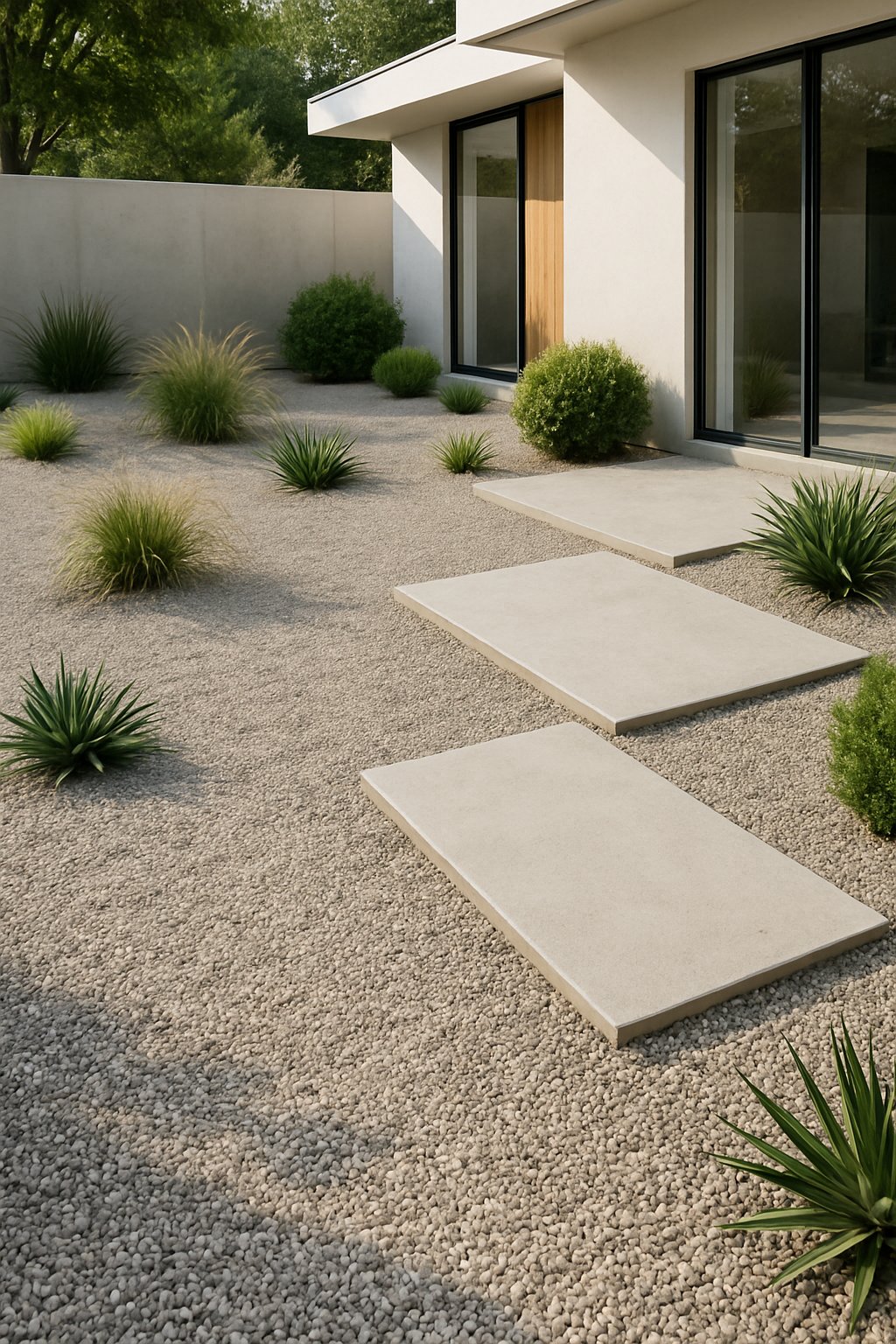A modern minimalist yard with light gray gravel ground covering, concrete pathways, and neatly arranged green plants including grasses and succulents.