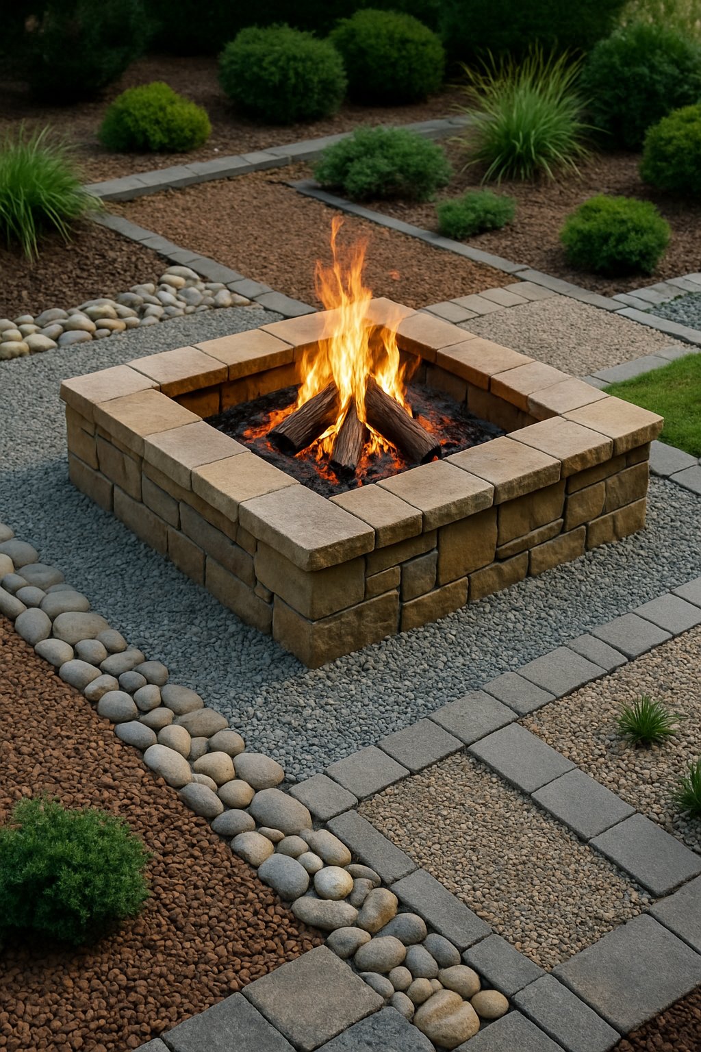 Outdoor raised stone fire pit surrounded by various gravel landscaping designs with plants and pathways.