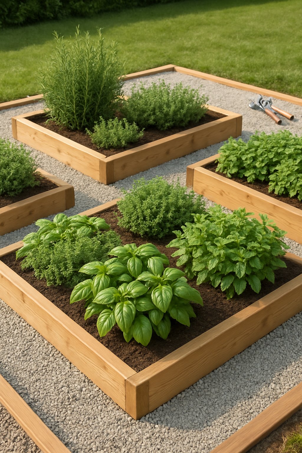 A well-maintained herb garden with raised beds surrounded by light gray gravel pathways and vibrant green herb plants.