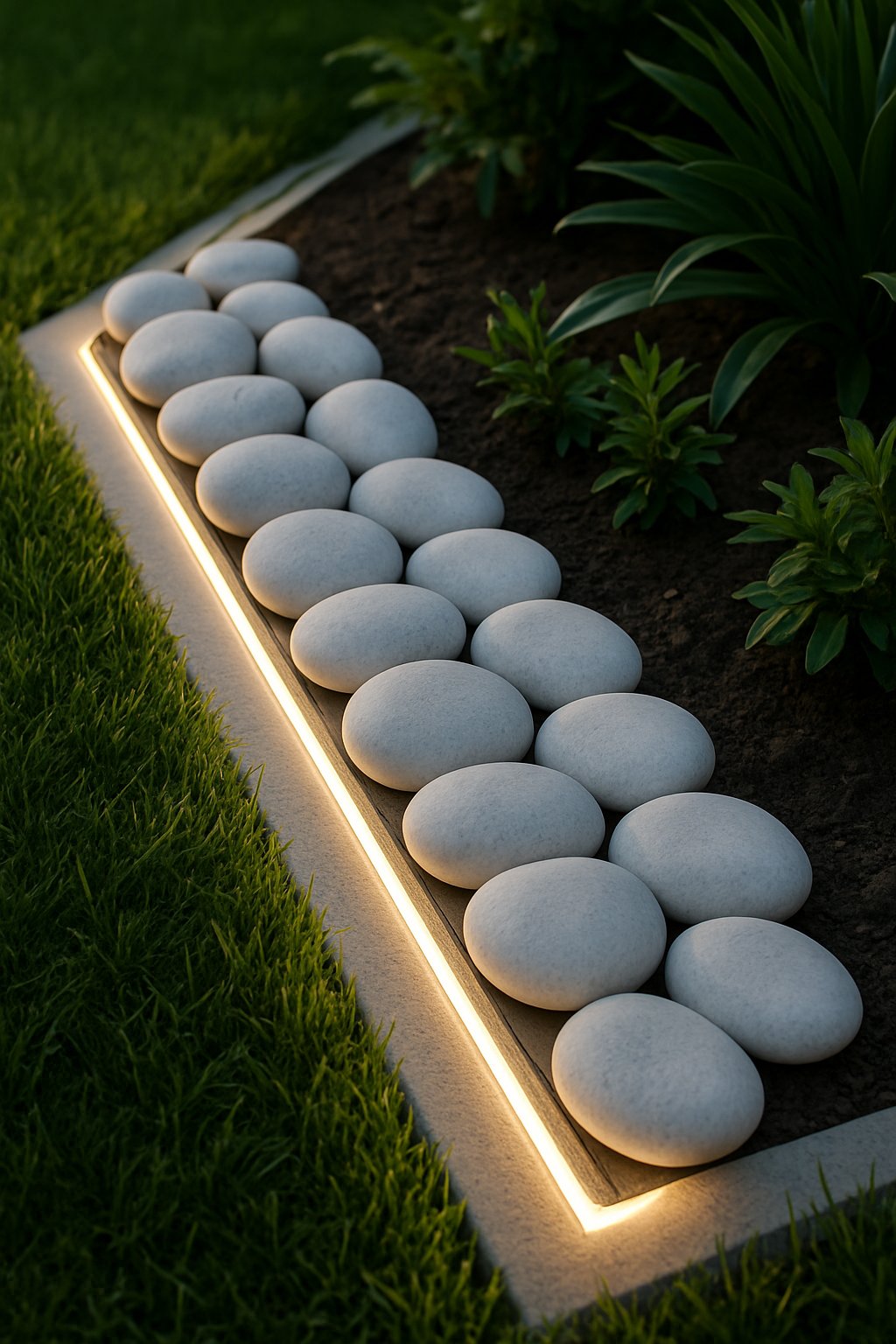A garden bed bordered by 27 white pebbles with a softly glowing illuminated edge, surrounded by green grass and plants.