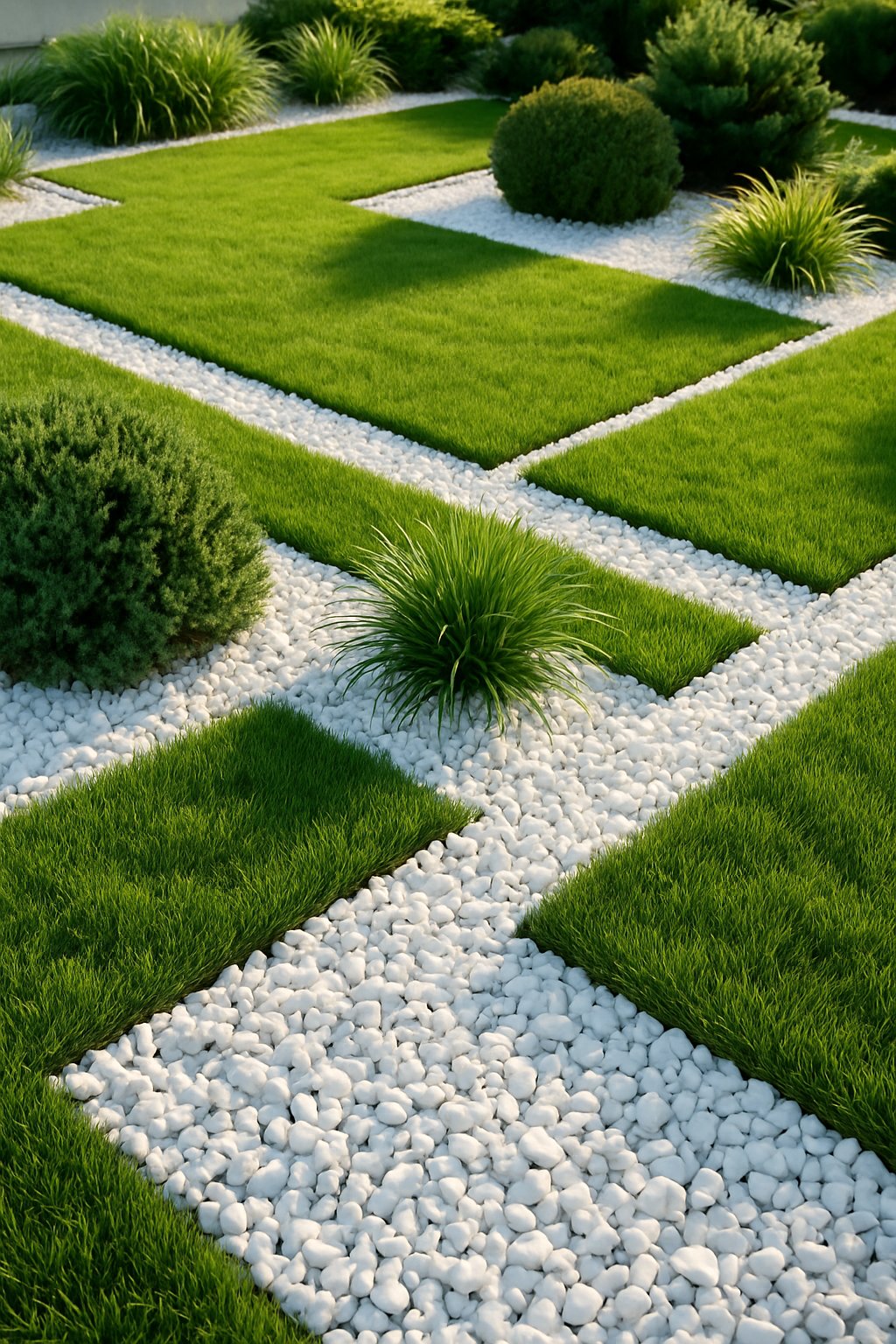 A landscaped yard with white rock pathways creating clean lines among green grass and plants.
