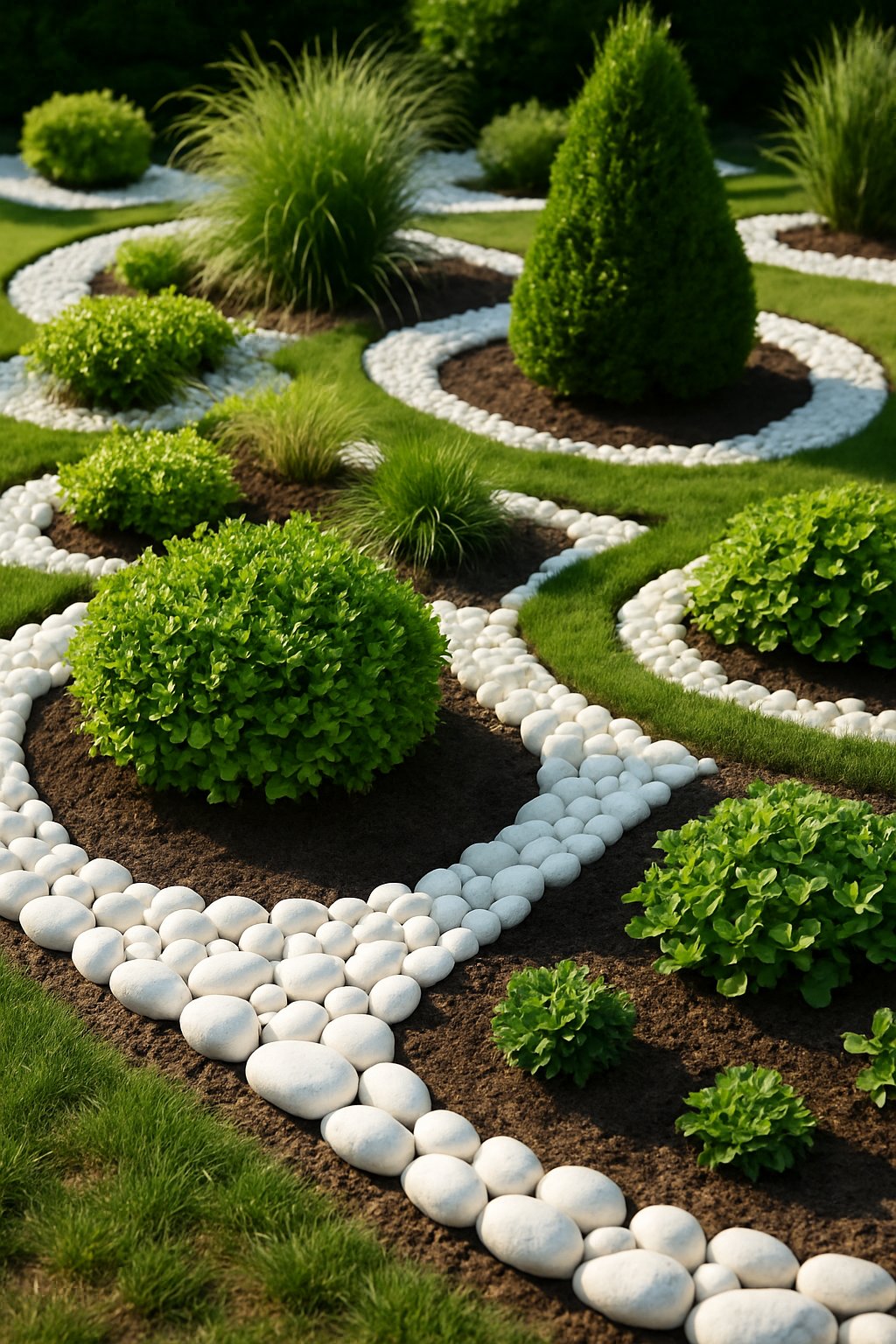 A garden with white rock beds containing green plants and shrubs, arranged to retain soil moisture and regulate temperature.
