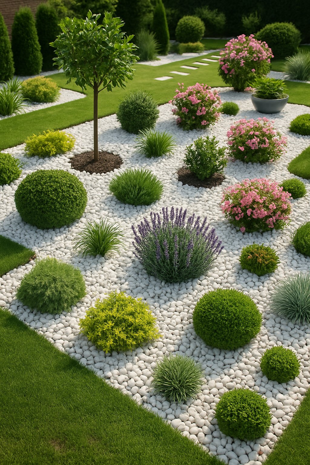 A garden with beds filled with white rocks instead of mulch, surrounded by green plants and flowers.