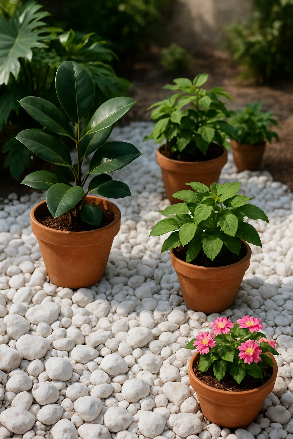An outdoor area with white gravel covering the ground and several potted plants placed on top.