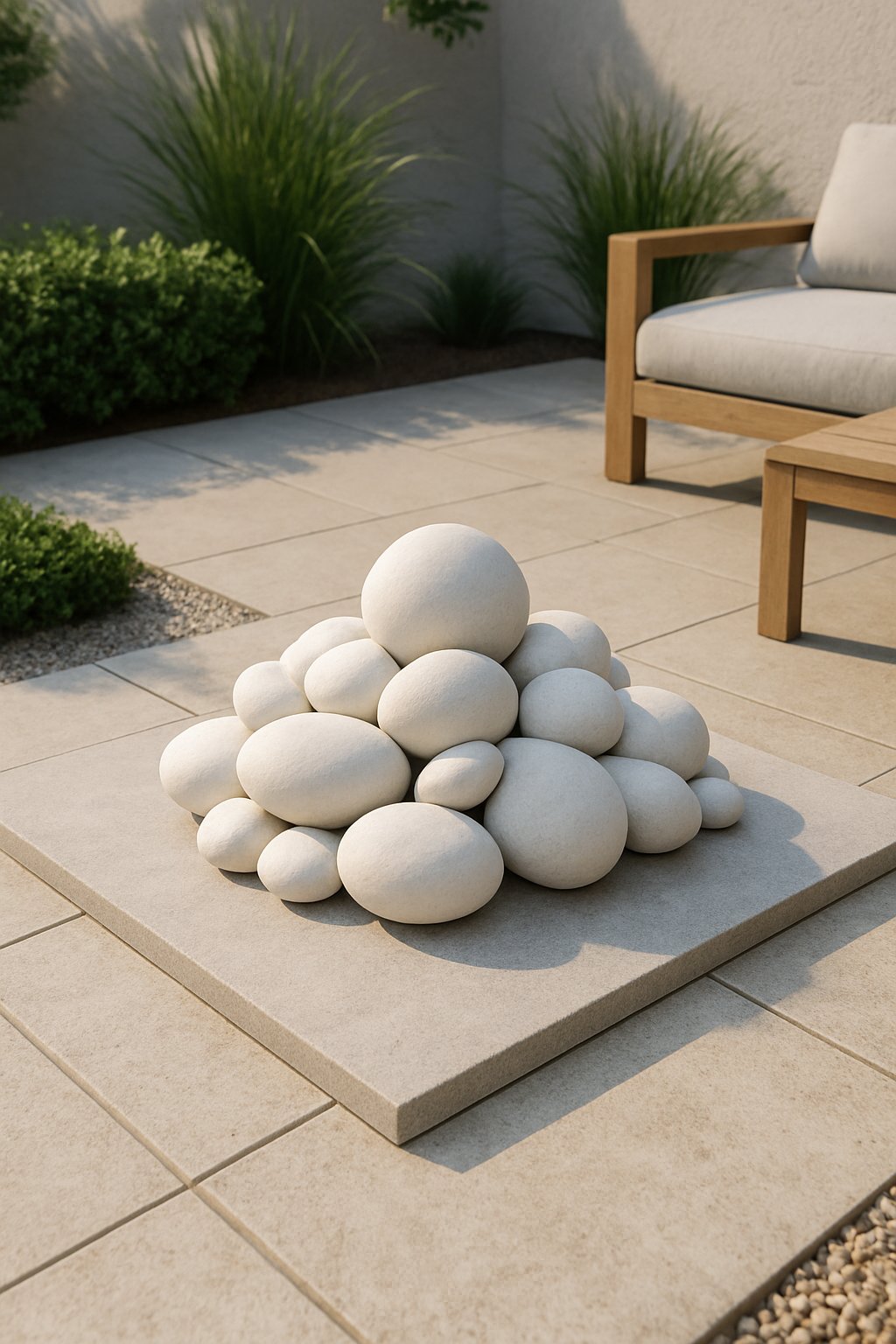 A minimalist white rock centerpiece arranged on a patio surrounded by subtle greenery and natural textures.