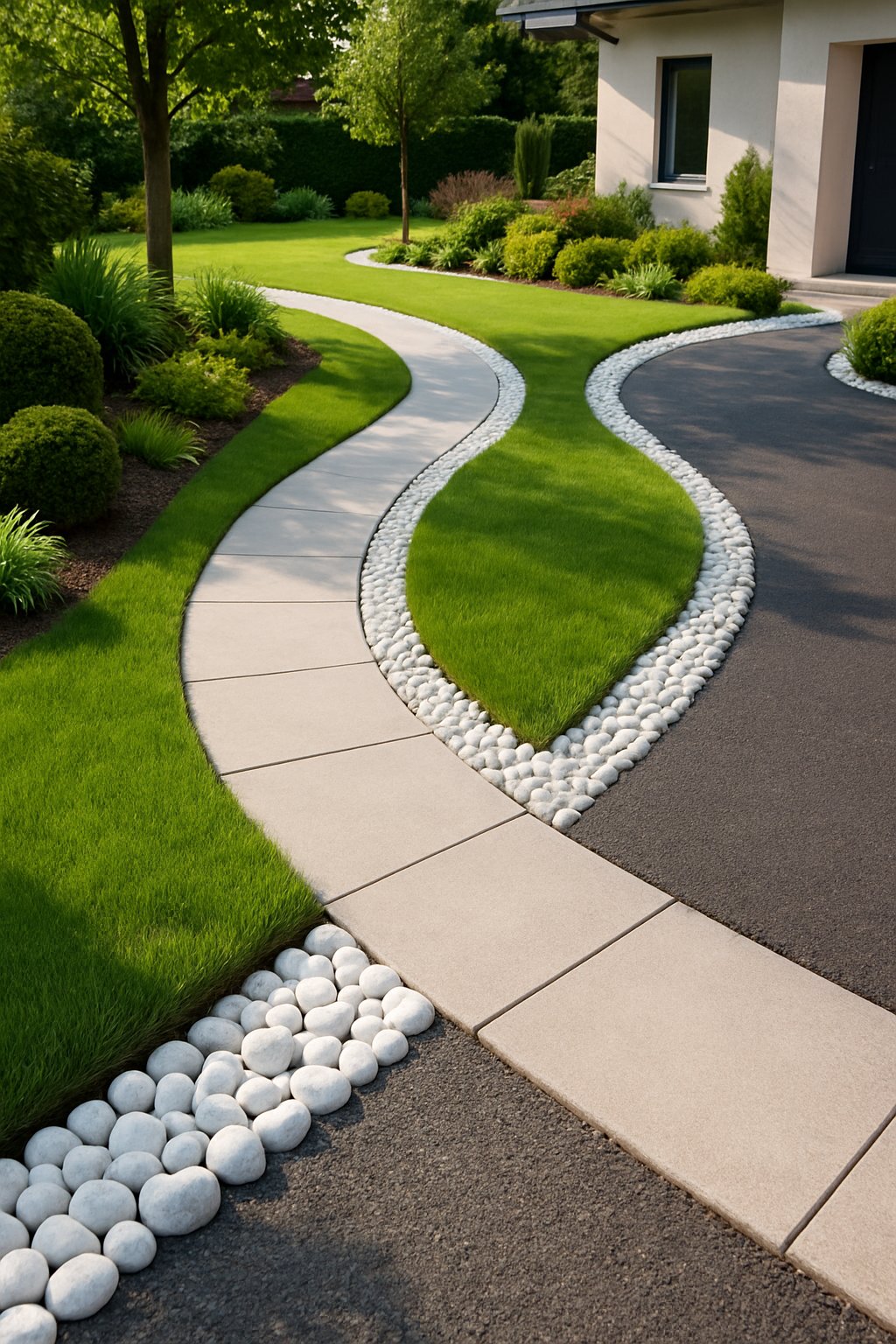 A residential outdoor scene showing walkways and a driveway lined with white stones surrounded by green grass and garden plants.