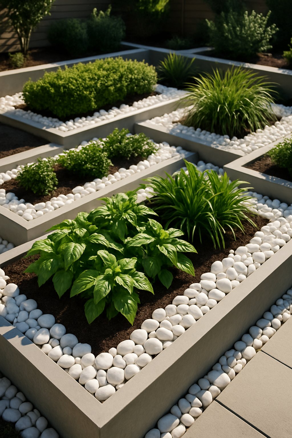 Outdoor garden with raised planters filled with green plants and topped with white pebbles arranged neatly.