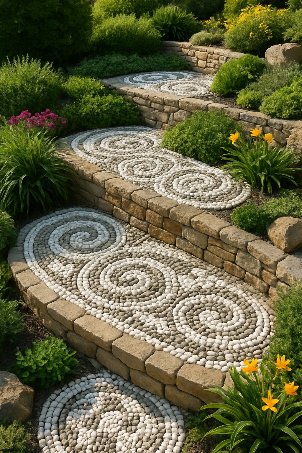 Garden terraces with white rock mosaic patterns surrounded by green plants and flowers.