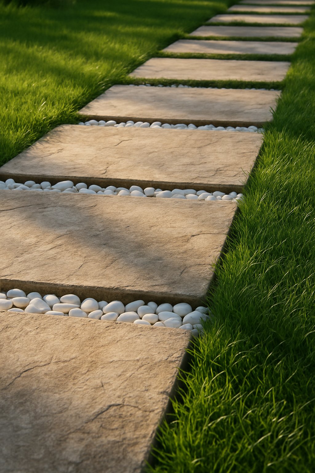 A garden pathway with stepping stones separated by white gravel filling the gaps, surrounded by green grass.
