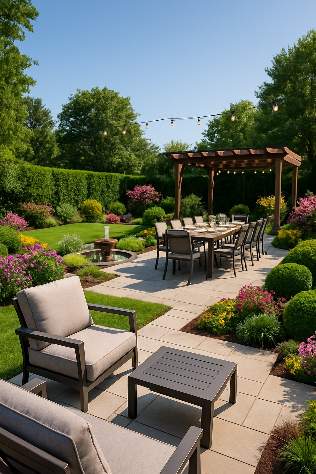 A backyard with a patio, lounge chairs, dining table, pergola with lights, green lawn, flowers, and a water feature under a clear sky.