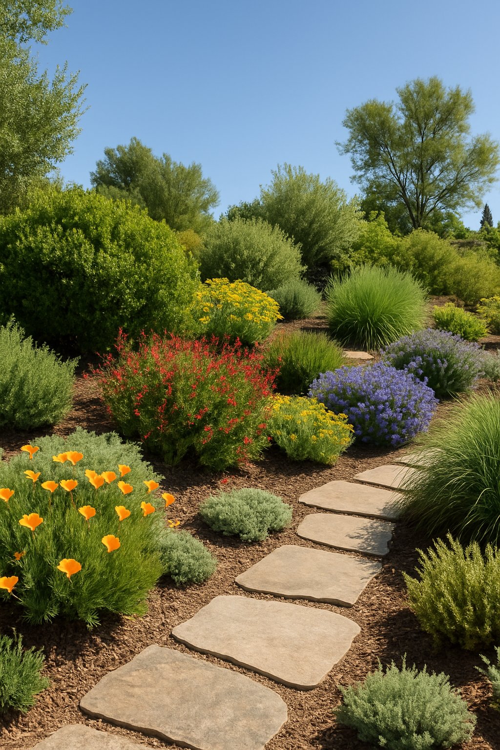 A landscaped garden with native plants, stone pathways, and trees under a clear blue sky.