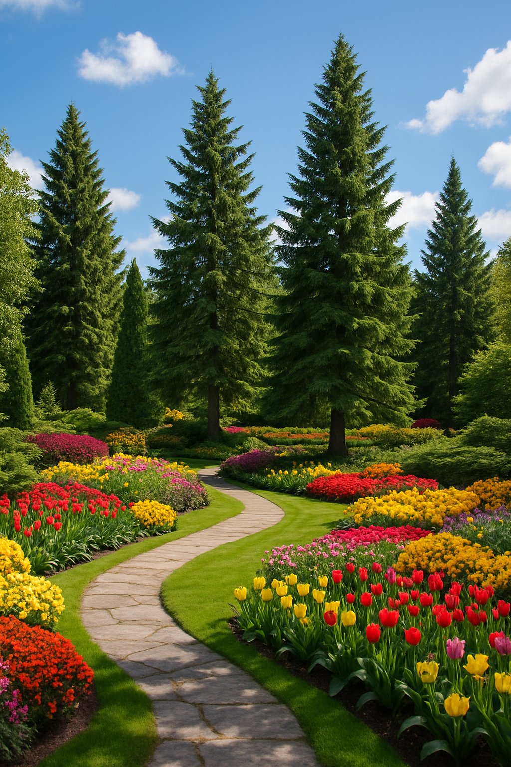 A landscaped garden with evergreen trees and colorful seasonal flowers under a clear sky.