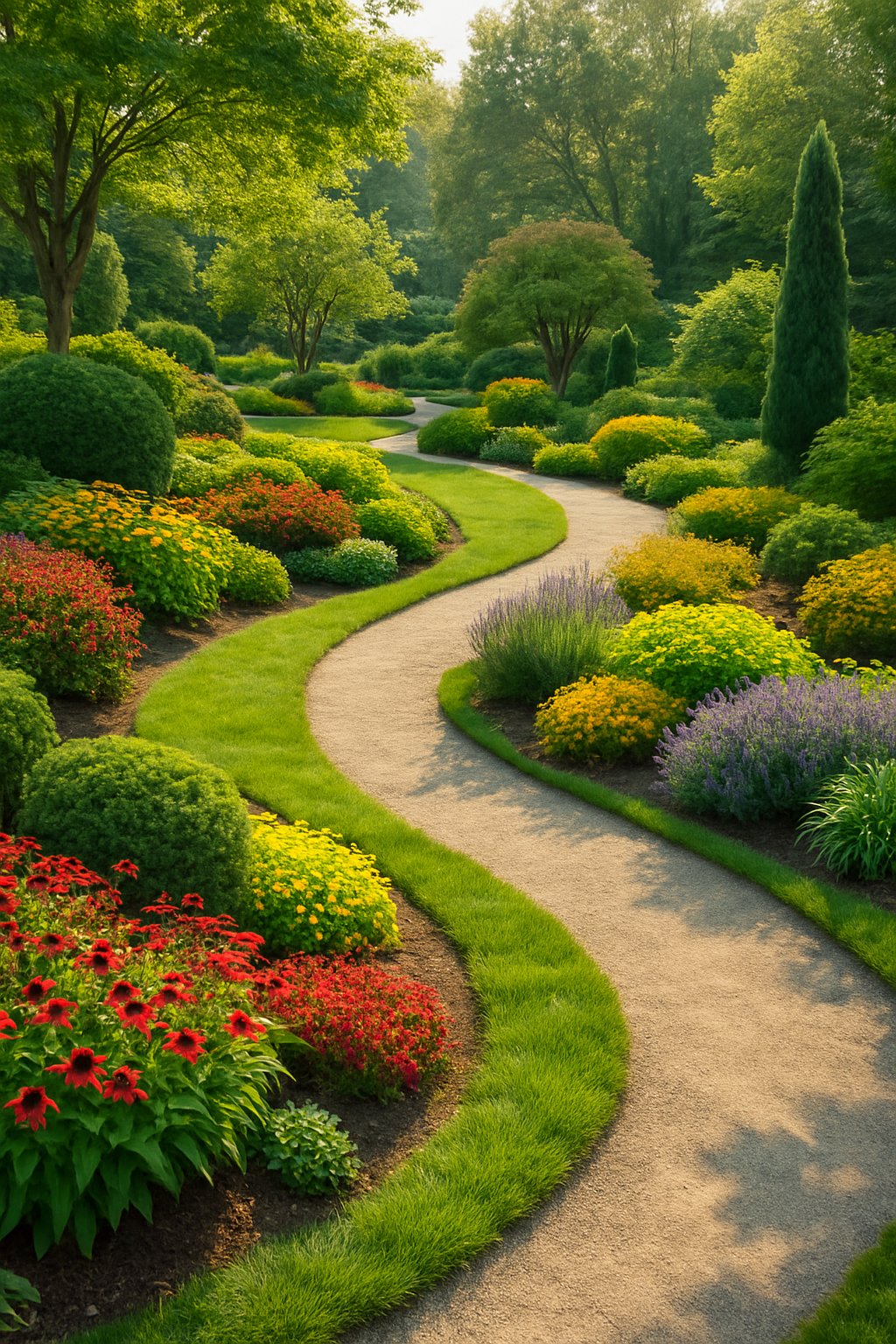 A garden with winding pathways surrounded by green plants, trees, and colorful flowers.