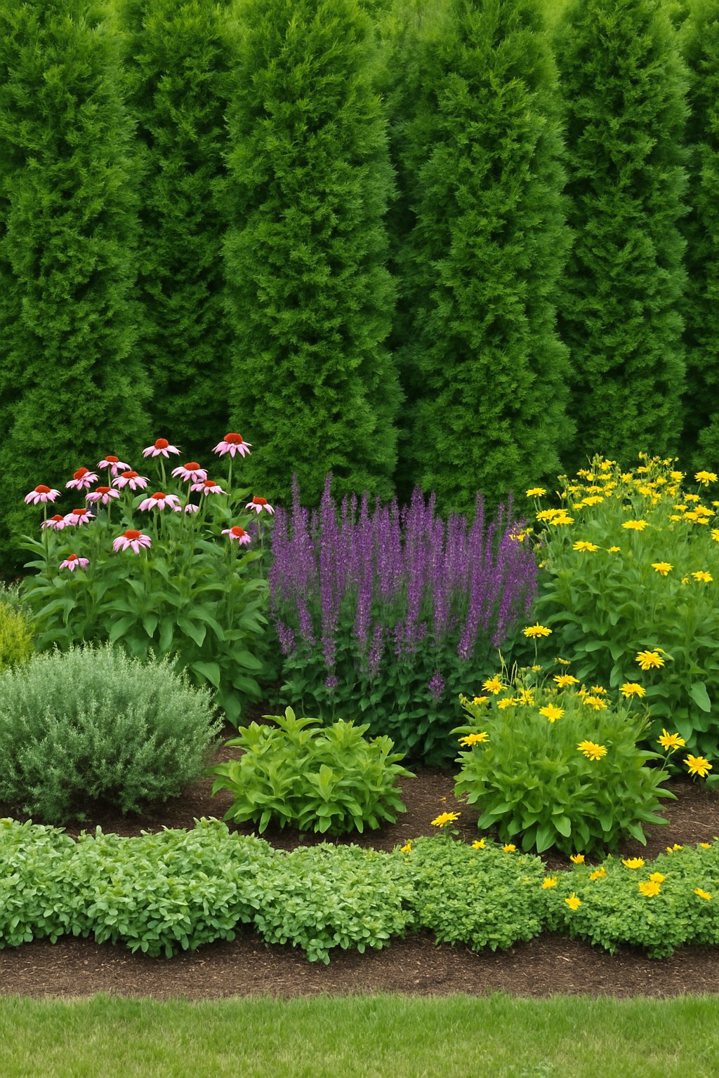 A garden with tall green shrubs in the back and shorter flowering plants in front arranged in layered rows.