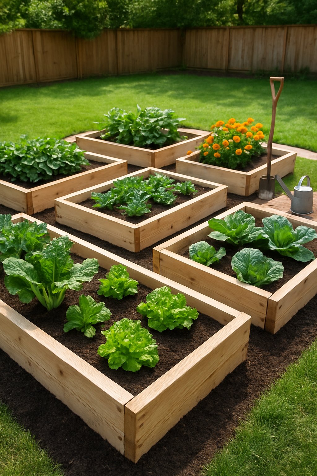 A backyard with several wooden raised garden beds filled with growing vegetables and flowers, surrounded by a green lawn and garden tools.