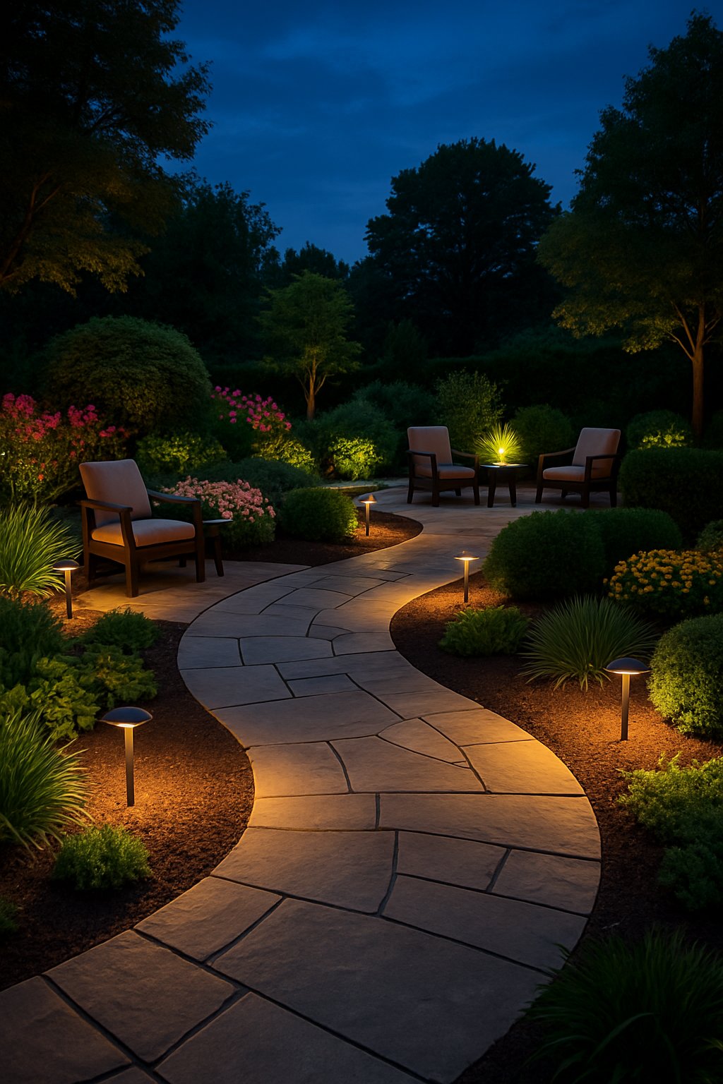 Outdoor garden with illuminated stone paths and seating areas surrounded by plants at dusk.